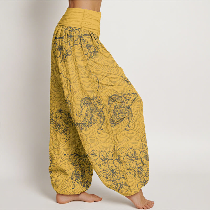Pantalones bombachos de cintura elástica para mujer, de algodón puro con exquisitos estampados de flores y peces koi, confeccionados con Buddha Stones. - image 7