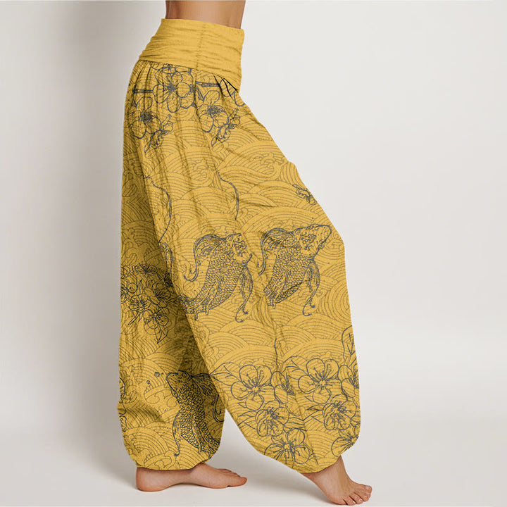 Pantalones bombachos de cintura elástica para mujer, de algodón puro con exquisitos estampados de flores y peces koi, confeccionados con Buddha Stones. - image 7