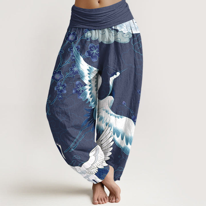 Pantalones bombachos de cintura elástica para mujer, de algodón puro con estampado de Buddha Stones, grullas, flores y nubes. - Azul pizarra oscuro - US16，UK/AU20，EU48 (3XL) - image 0