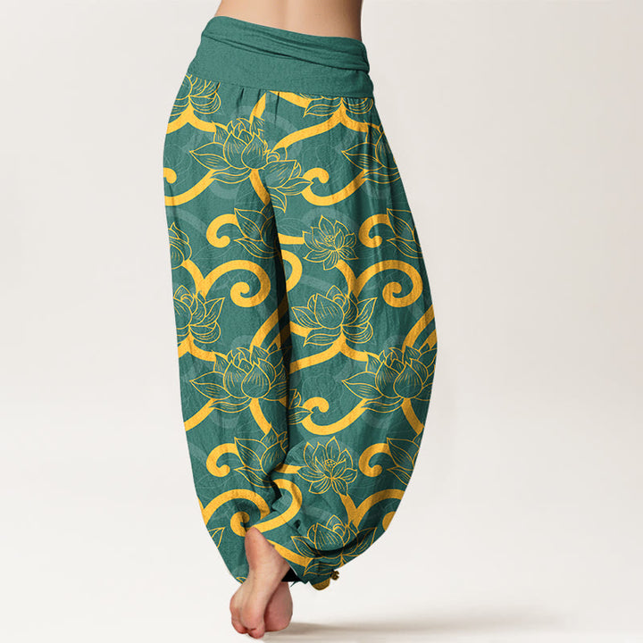 Pantalones bombachos de cintura elástica para mujer, de algodón puro con estampado de loto y Buddha Stones. - image 1
