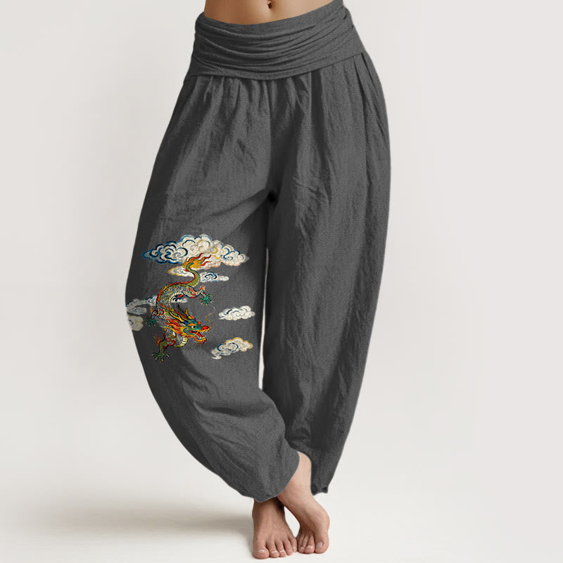 Pantalones bombachos de cintura elástica para mujer, de algodón puro con estampado de nubes y dragones de colores y Buddha Stones. - Gris tenue - US16，UK/AU20，EU48 (3XL) - image 8