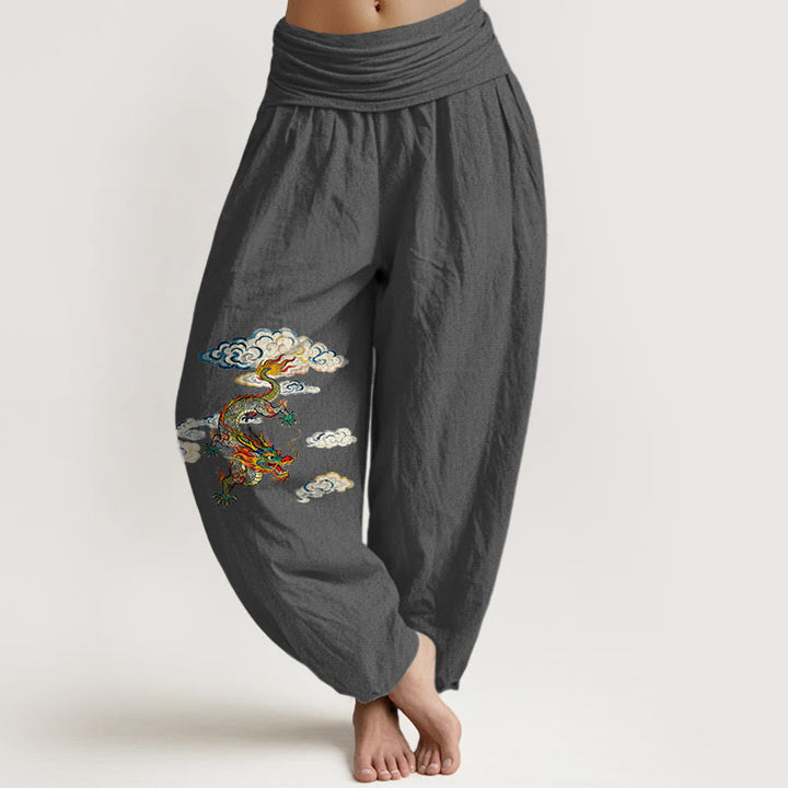 Pantalones bombachos de cintura elástica para mujer, de algodón puro con estampado de nubes y dragones de colores y Buddha Stones. - Gris tenue - US16，UK/AU20，EU48 (3XL) - image 8