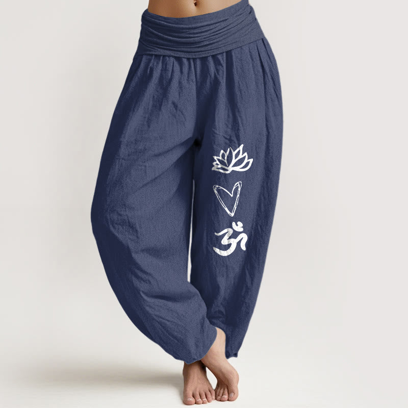 Pantalones bombachos de cintura elástica para mujer, de algodón puro con estampado de Buddha Stones , forma de corazón de loto y símbolo Om. - Azul pizarra oscuro - US16，UK/AU20，EU48 (3XL) - image 0