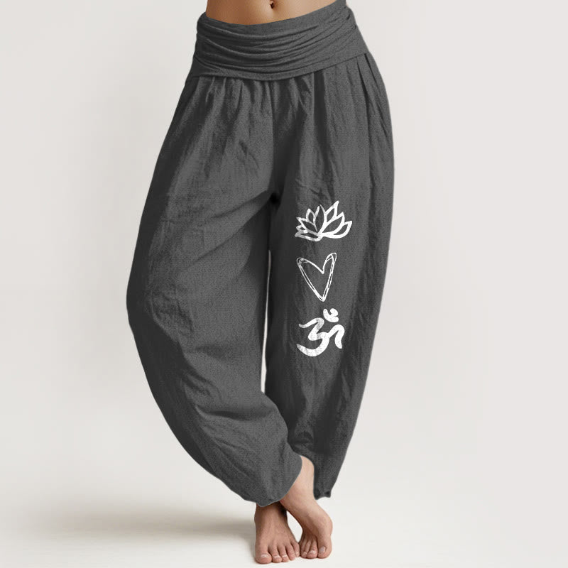 Pantalones bombachos de cintura elástica para mujer, de algodón puro con estampado de Buddha Stones , forma de corazón de loto y símbolo Om. - Gris oscuro - US16，UK/AU20，EU48 (3XL) - image 8