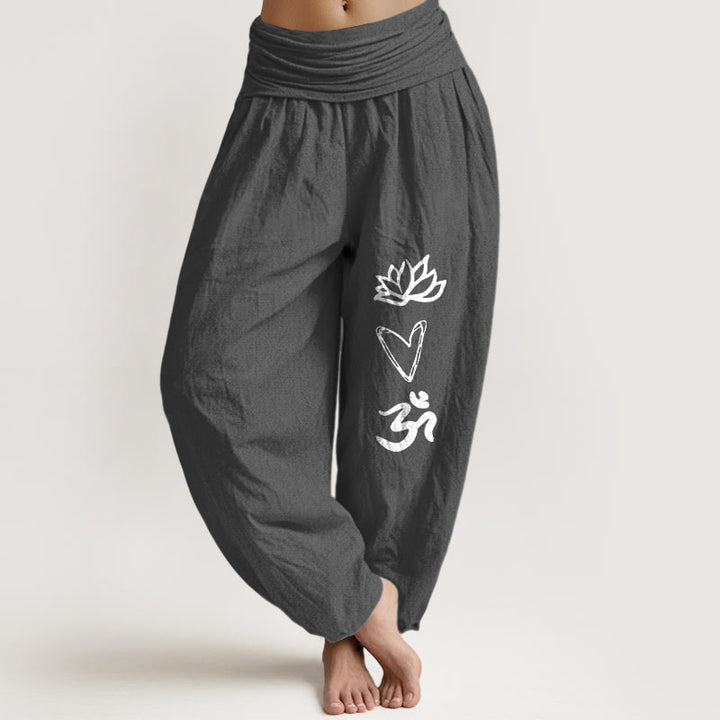 Pantalones bombachos de cintura elástica para mujer, de algodón puro con estampado de Buddha Stones , forma de corazón de loto y símbolo Om. - Gris tenue - US16，UK/AU20，EU48 (3XL) - image 8