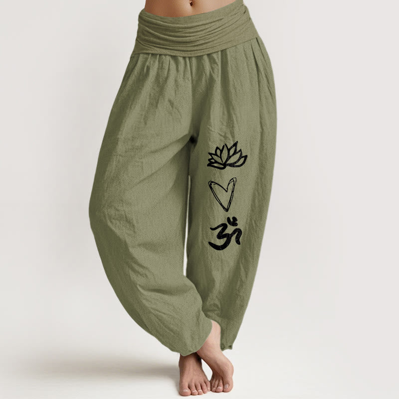 Pantalones bombachos de cintura elástica para mujer, de algodón puro con estampado de Buddha Stones , forma de corazón de loto y símbolo Om. - Verde oliva - US16，UK/AU20，EU48 (3XL) - image 14