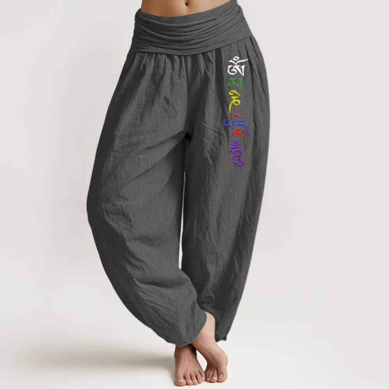 Pantalones bombachos de cintura elástica para mujer, de algodón puro con estampado de Buddha Stones , símbolo Om y escritura tibetana. - Gris tenue - US16，UK/AU20，EU48 (3XL) - image 8