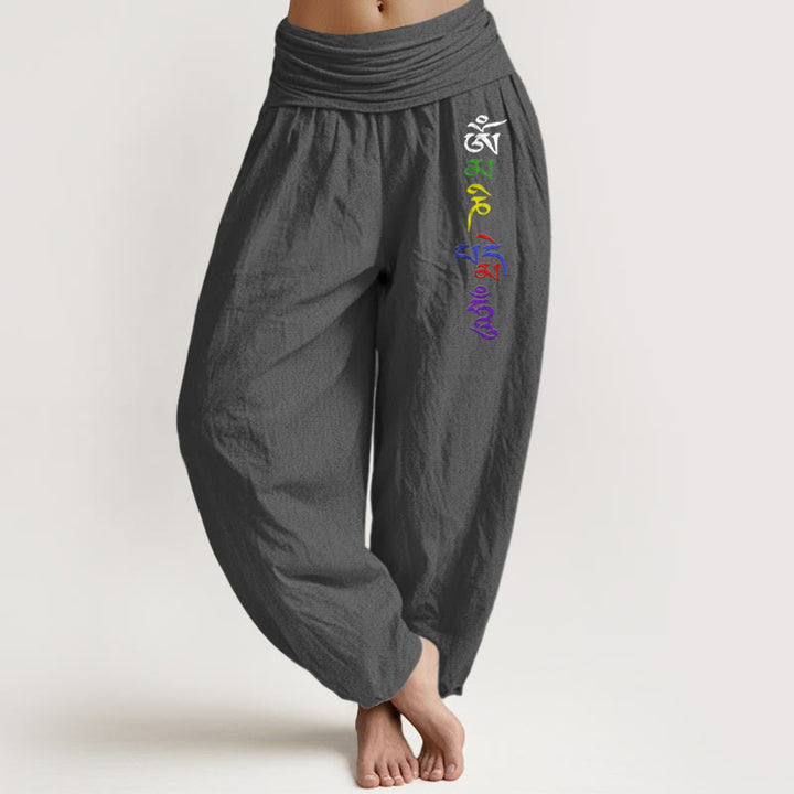 Pantalones bombachos de cintura elástica para mujer, de algodón puro con estampado de Buddha Stones , símbolo Om y escritura tibetana. - Gris tenue - US16，UK/AU20，EU48 (3XL) - image 8