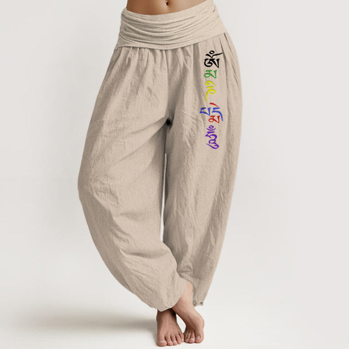 Pantalones bombachos de cintura elástica para mujer, de algodón puro con estampado de Buddha Stones , símbolo Om y escritura tibetana. - Broncearse - US16，UK/AU20，EU48 (3XL) - image 11
