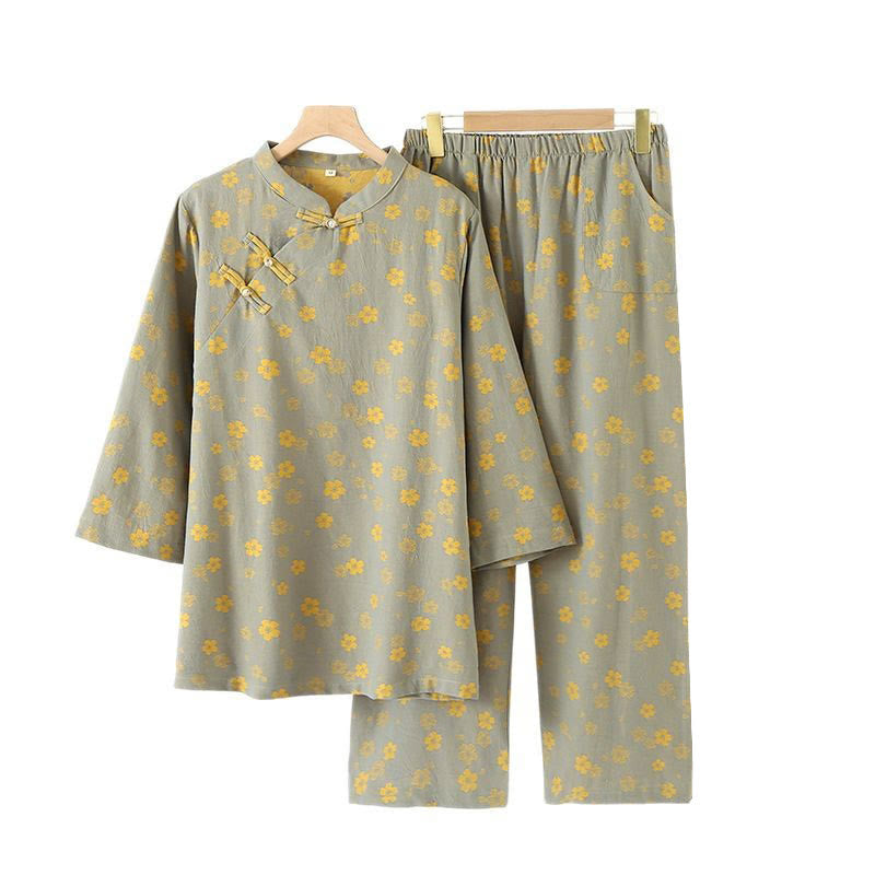 Conjunto de camisa y pantalón de manga larga con botones de rana, estampado floral colorido y bolsillos, de algodón puro, con estampado de Buddha Stones (2 piezas).  - image 4