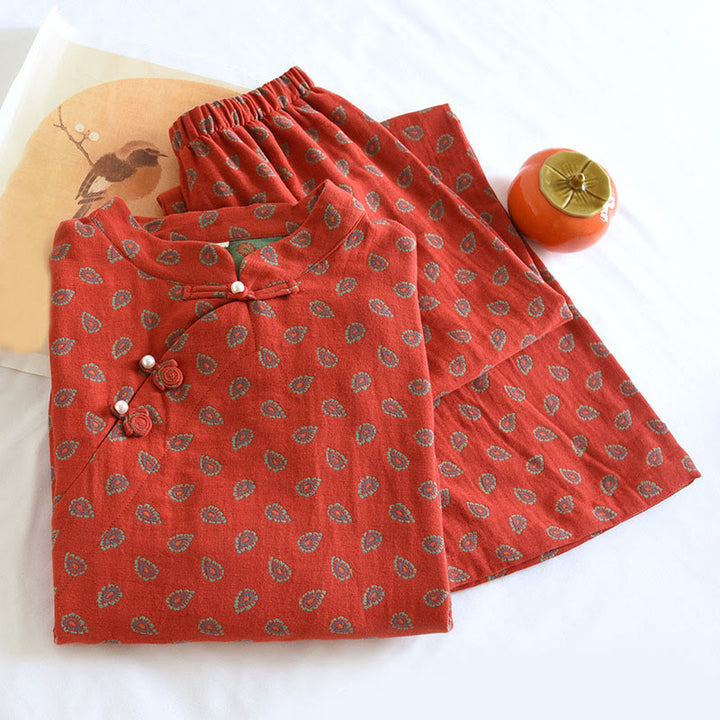 Conjunto de camisa y pantalón de manga larga con botones de rana, estampado floral colorido y bolsillos, de algodón puro, con estampado de Buddha Stones (2 piezas).  - image 7