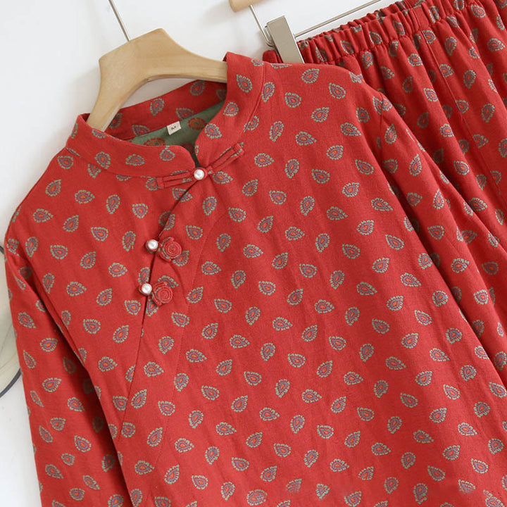 Conjunto de camisa y pantalón de manga larga con botones de rana, estampado floral colorido y bolsillos, de algodón puro, con estampado de Buddha Stones (2 piezas).  - image 8