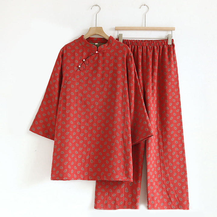 Conjunto de camisa y pantalón de manga larga con botones de rana, estampado floral colorido y bolsillos, de algodón puro, con estampado de Buddha Stones (2 piezas).  - Carmesí - US6，UK/AU10，EU38 (XL) - image 5