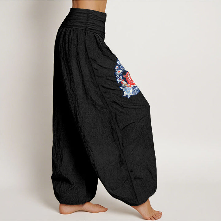 Pantalones bombachos de cintura elástica para mujer, de algodón puro con estampado de peces koi y flores de Buddha Stones. - image 7
