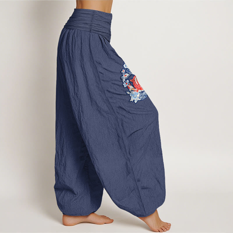Pantalones bombachos de cintura elástica para mujer, de algodón puro con estampado de peces koi y flores de Buddha Stones. - image 10