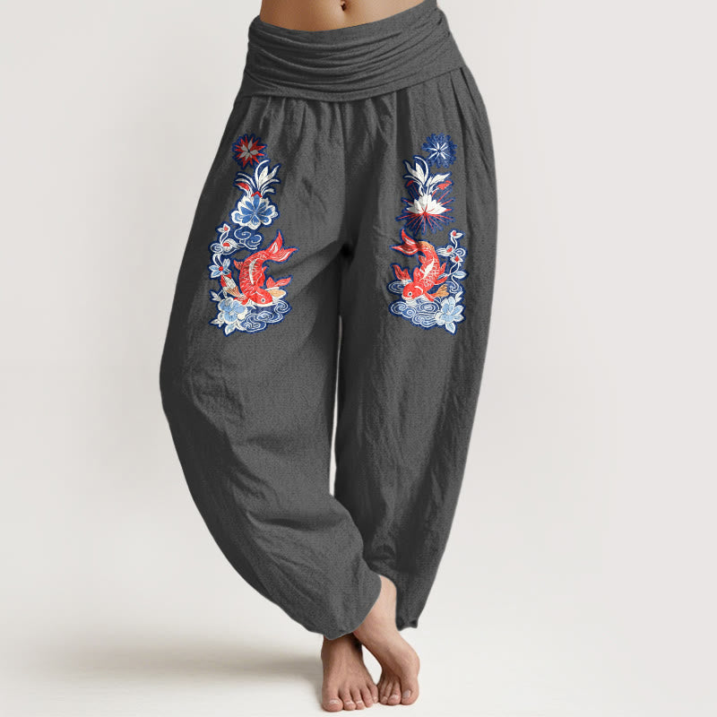 Pantalones bombachos de cintura elástica para mujer, de algodón puro con estampado de peces koi y flores de Buddha Stones. - Gris tenue - US16，UK/AU20，EU48 (3XL) - image 11
