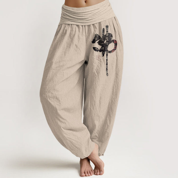 Pantalones bombachos de cintura elástica para mujer, de algodón puro con caracteres chinos y Buddha Stones - Broncearse - US16，UK/AU20，EU48 (3XL) - image 0
