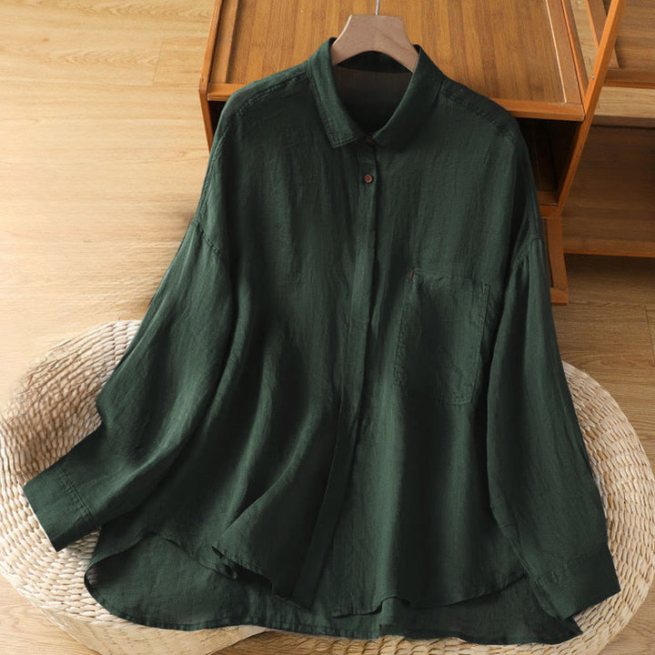 Camisa de manga larga para mujer con solapa y bolsillo, con estampado de Buddha Stones, ideal para el otoño. - Verde oscuro - US12, UK/AU16, EU44 (2XL) - image 1