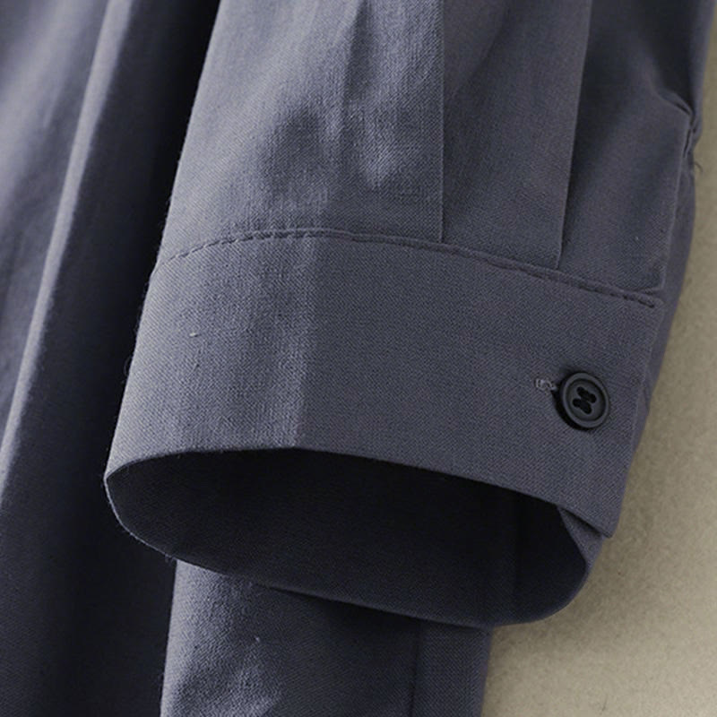 Vestido midi de algodón de manga larga con botones en la solapa, estampado de Buddha Stones y color liso otoñal, con bolsillos. - image 18