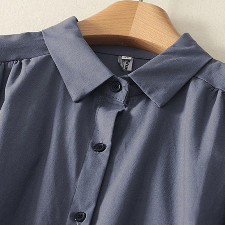 Vestido midi de algodón de manga larga con botones en la solapa, estampado de Buddha Stones y color liso otoñal, con bolsillos. - image 17