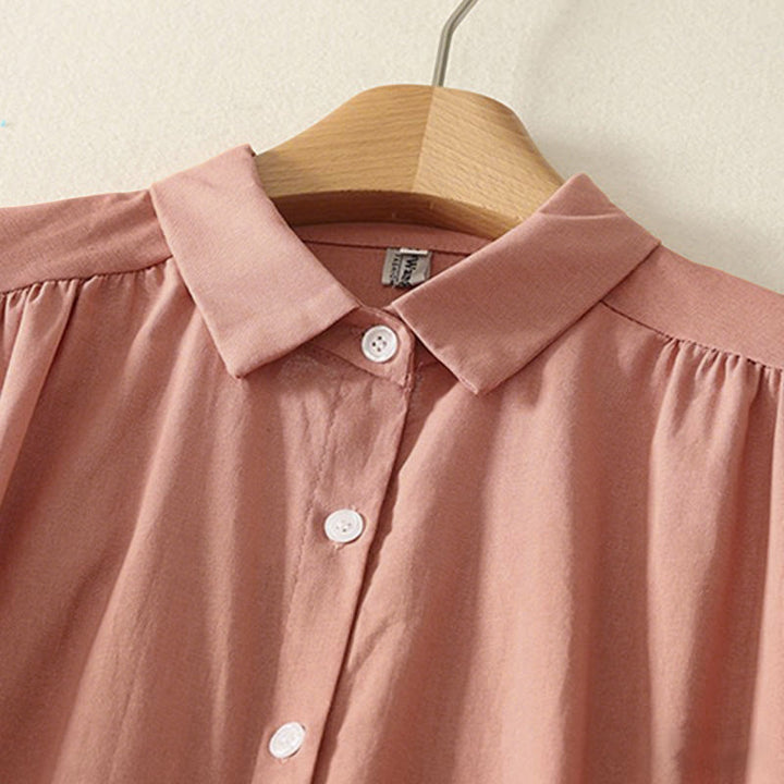 Vestido midi de algodón de manga larga con botones en la solapa, estampado de Buddha Stones y color liso otoñal, con bolsillos. - image 3