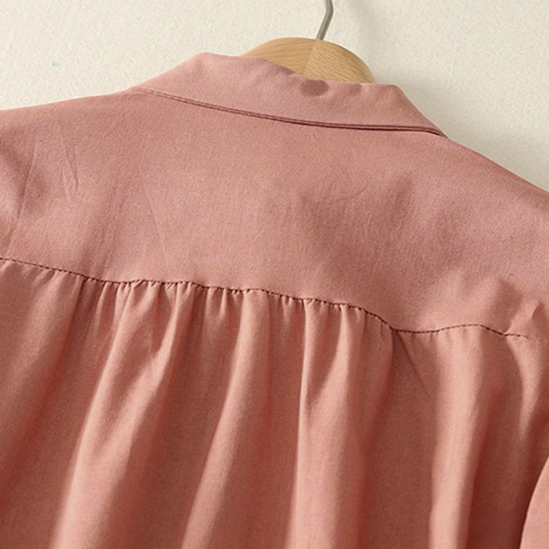 Vestido midi de algodón de manga larga con botones en la solapa, estampado de Buddha Stones y color liso otoñal, con bolsillos. - image 4