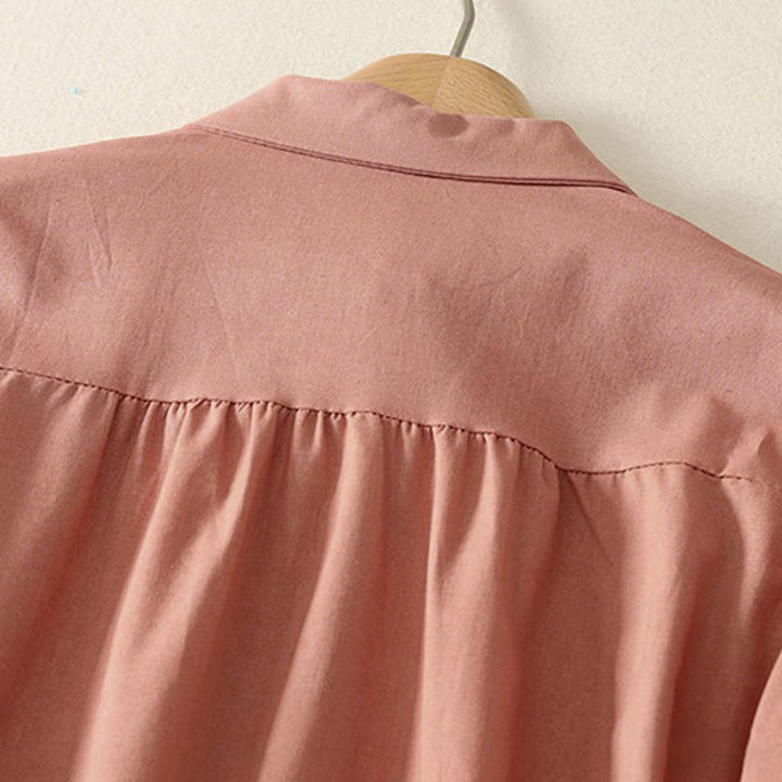 Vestido midi de algodón de manga larga con botones en la solapa, estampado de Buddha Stones y color liso otoñal, con bolsillos. - image 4