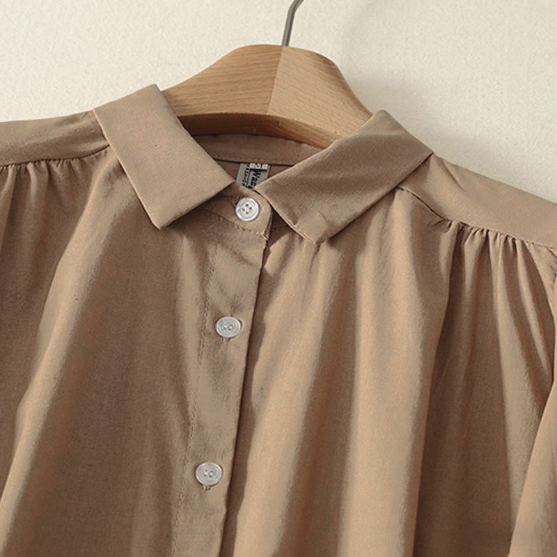 Vestido midi de algodón de manga larga con botones en la solapa, estampado de Buddha Stones y color liso otoñal, con bolsillos. - image 12