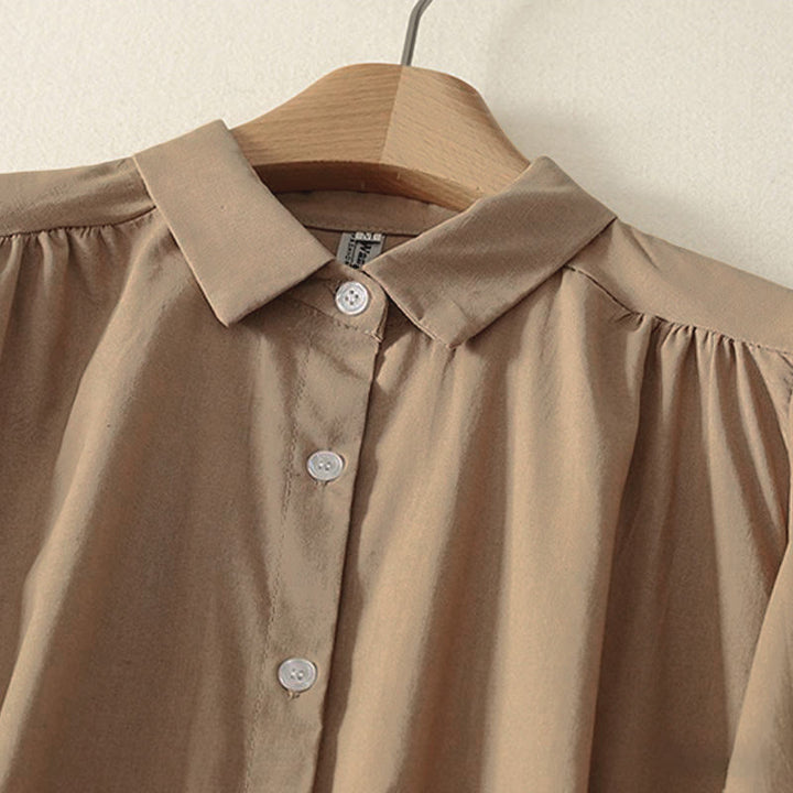 Vestido midi de algodón de manga larga con botones en la solapa, estampado de Buddha Stones y color liso otoñal, con bolsillos. - image 12