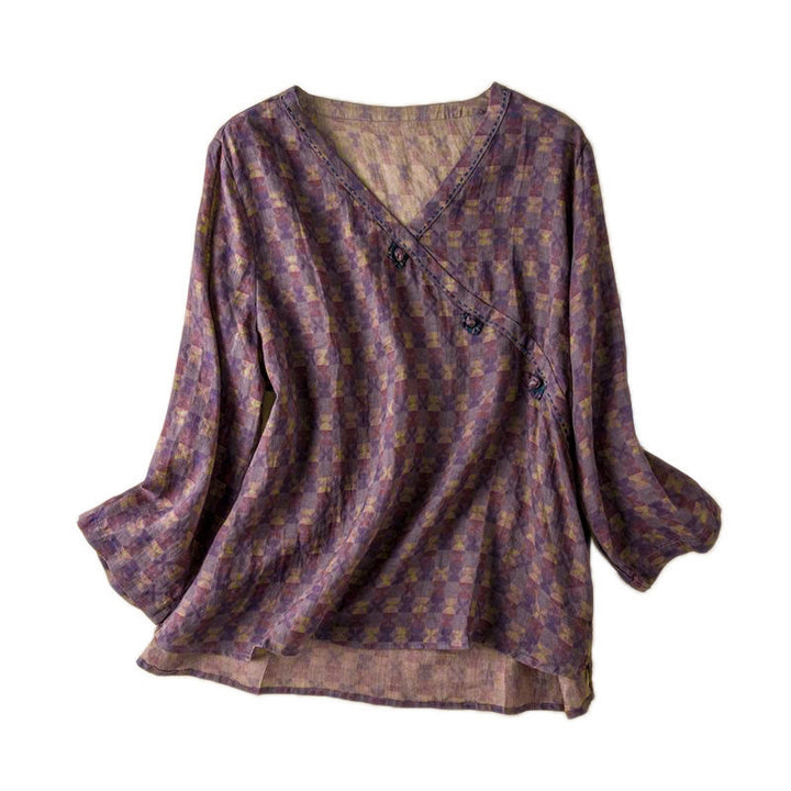 Camisa de manga larga para mujer con estampado floral y cuello en V de Buddha Stones Spring - image 6