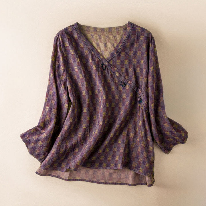 Camisa de manga larga para mujer con estampado floral y cuello en V de Buddha Stones Spring - Magenta oscuro - US8-10，UK/AU12-14，EU40-42 (2XL) - image 0