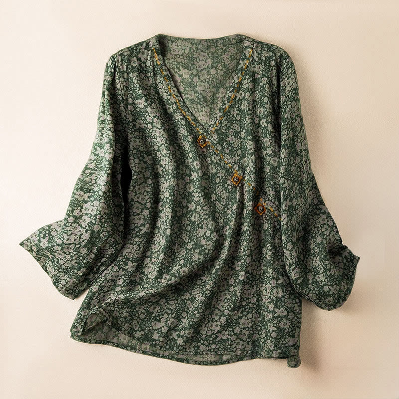 Camisa de manga larga para mujer con estampado floral y cuello en V de Buddha Stones Spring - Verdemar - US8-10，UK/AU12-14，EU40-42 (2XL) - image 0