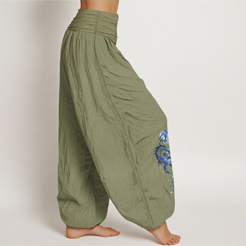 Pantalones bombachos de mujer con cintura elástica y estampado de dragón en algodón puro con Buddha Stones - image 16