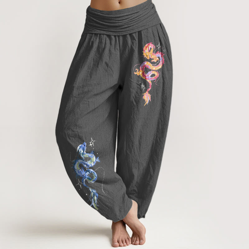 Pantalones bombachos de mujer con cintura elástica y estampado de dragón en algodón puro con Buddha Stones - Gris oscuro - US16，UK/AU20，EU48 (3XL) - image 8