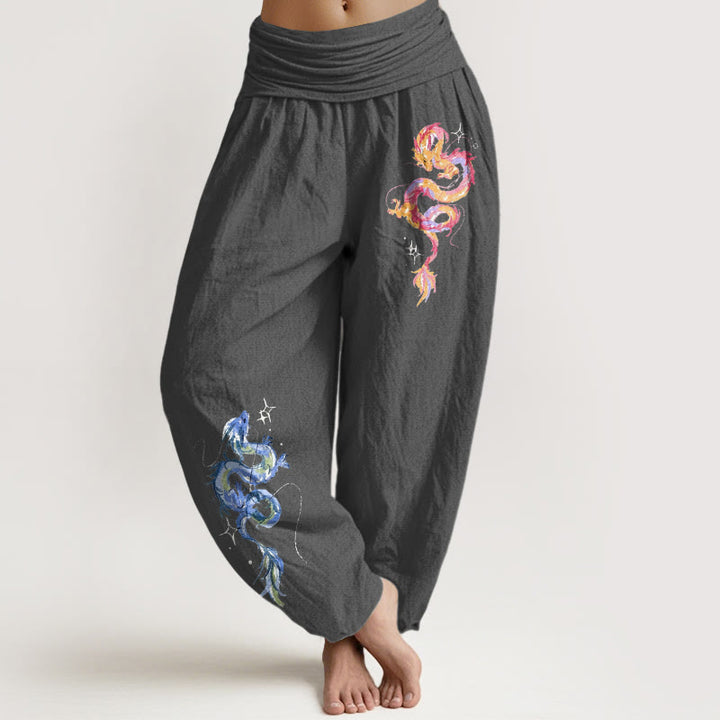 Pantalones bombachos de mujer con cintura elástica y estampado de dragón en algodón puro con Buddha Stones - Gris oscuro - US16，UK/AU20，EU48 (3XL) - image 8