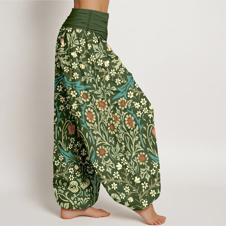 Pantalones bombachos de cintura elástica para mujer, de algodón puro con estampado retro de flores y hojas de Buddha Stones. - image 2