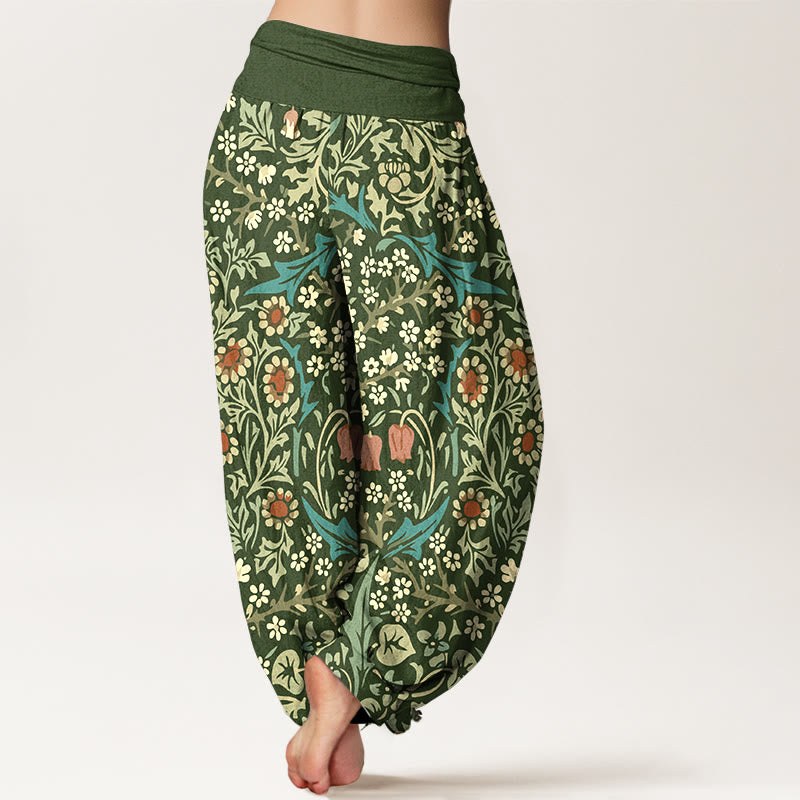 Pantalones bombachos de cintura elástica para mujer, de algodón puro con estampado retro de flores y hojas de Buddha Stones. - image 1