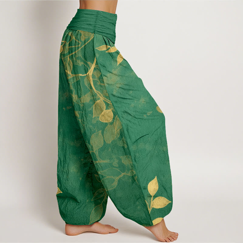 Pantalones bombachos de mujer con cintura elástica, de algodón puro con estampado de hojas en tonos suaves y Buddha Stones. - image 2