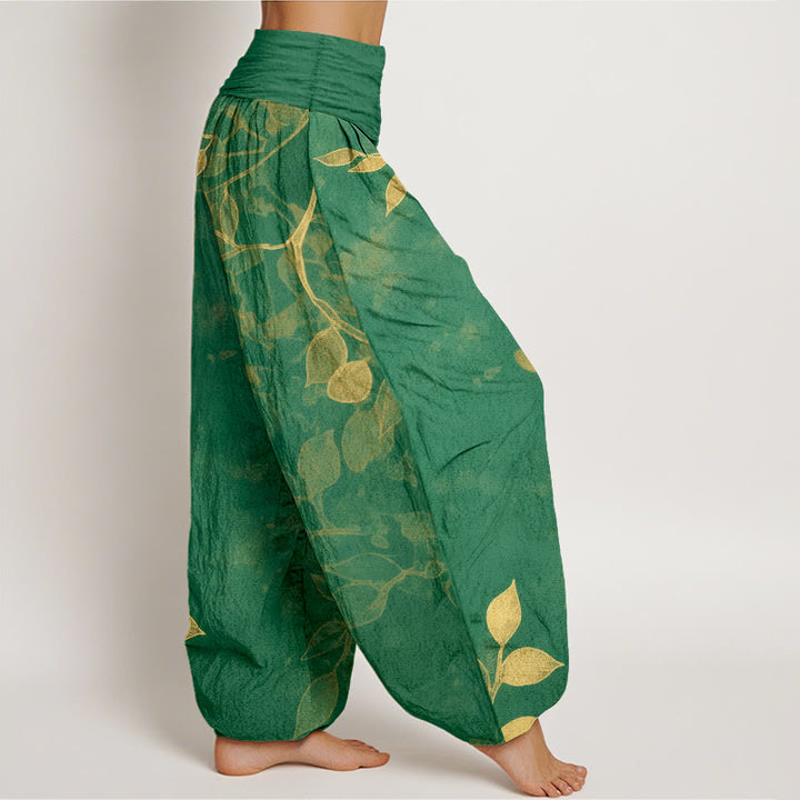 Pantalones bombachos de mujer con cintura elástica, de algodón puro con estampado de hojas en tonos suaves y Buddha Stones. - image 2