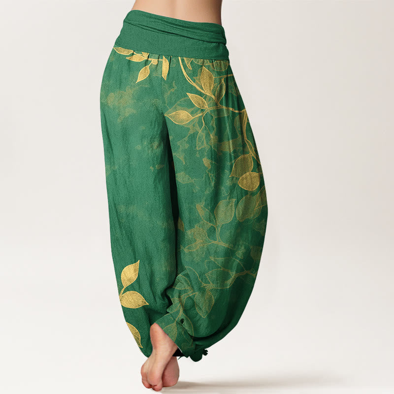 Pantalones bombachos de mujer con cintura elástica, de algodón puro con estampado de hojas en tonos suaves y Buddha Stones. - image 1