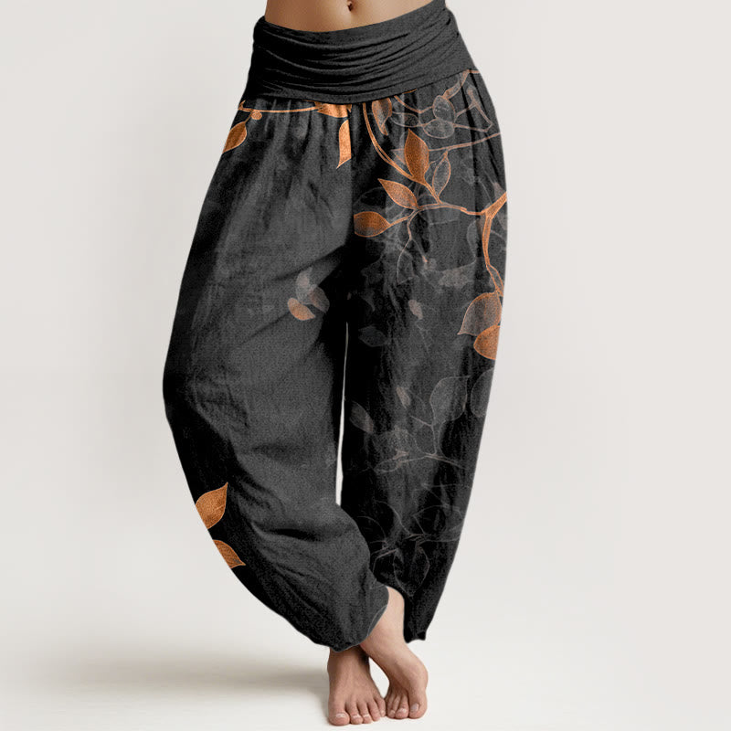 Pantalones bombachos de mujer con cintura elástica, de algodón puro con estampado de hojas en tonos suaves y Buddha Stones. - Negro - US16，UK/AU20，EU48 (3XL) - image 5