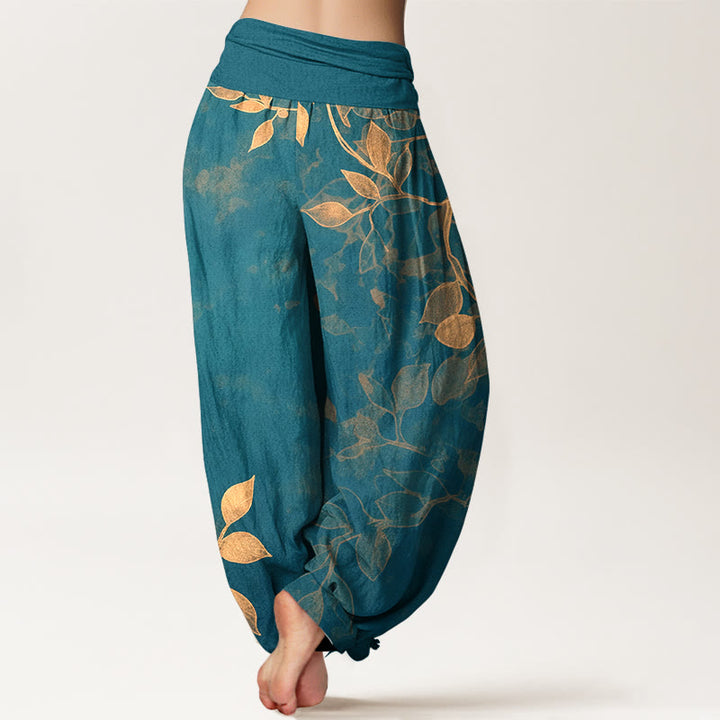 Pantalones bombachos de mujer con cintura elástica, de algodón puro con estampado de hojas en tonos suaves y Buddha Stones. - image 9