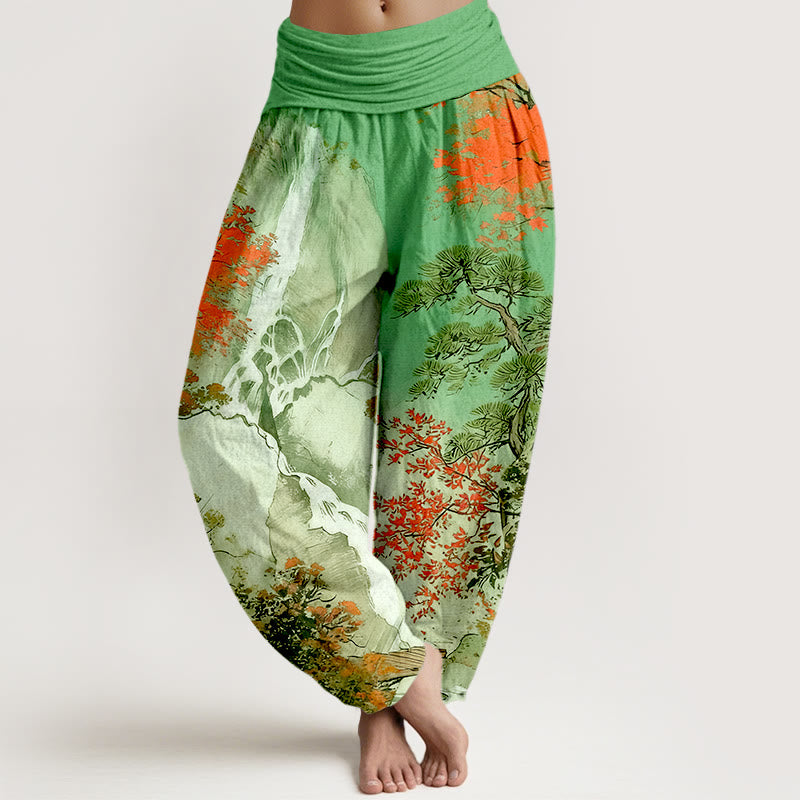 Pantalones bombachos de cintura elástica para mujer, de algodón puro con estampado de árboles y paisajes a juego , de Buddha Stones. - Verde lima - US16，UK/AU20，EU48 (3XL) - image 0