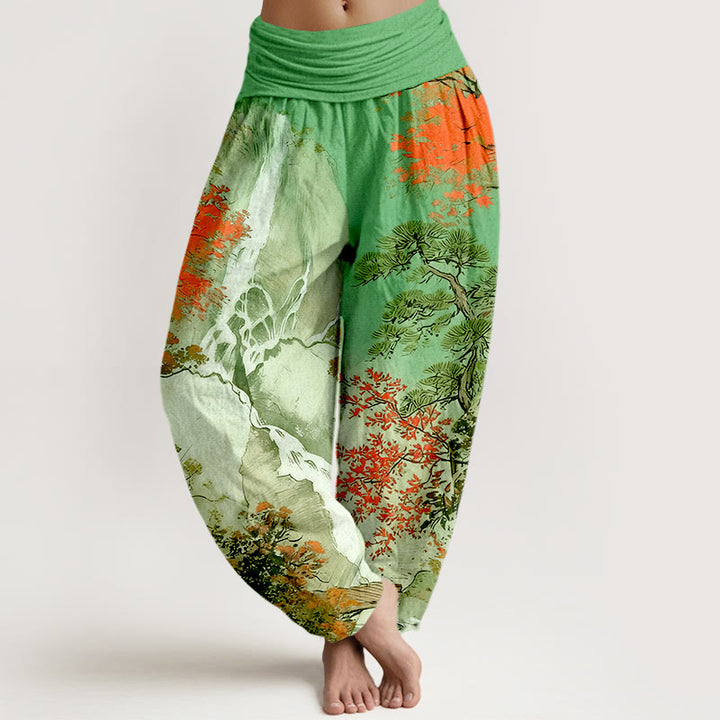 Pantalones bombachos de cintura elástica para mujer, de algodón puro con estampado de árboles y paisajes a juego , de Buddha Stones. - Verde lima - US16，UK/AU20，EU48 (3XL) - image 0