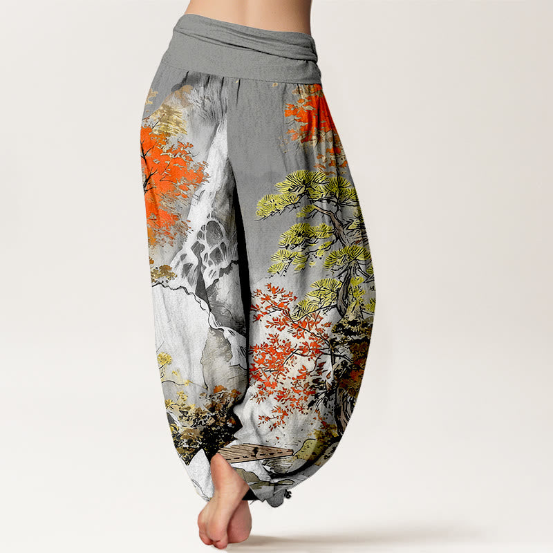 Pantalones bombachos de cintura elástica para mujer, de algodón puro con estampado de árboles y paisajes a juego , de Buddha Stones. - image 6