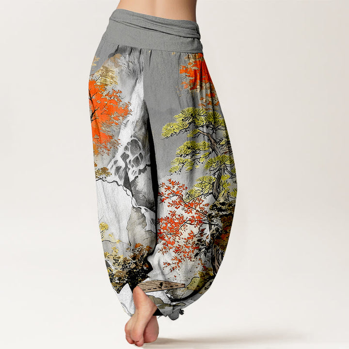 Pantalones bombachos de cintura elástica para mujer, de algodón puro con estampado de árboles y paisajes a juego , de Buddha Stones. - image 6