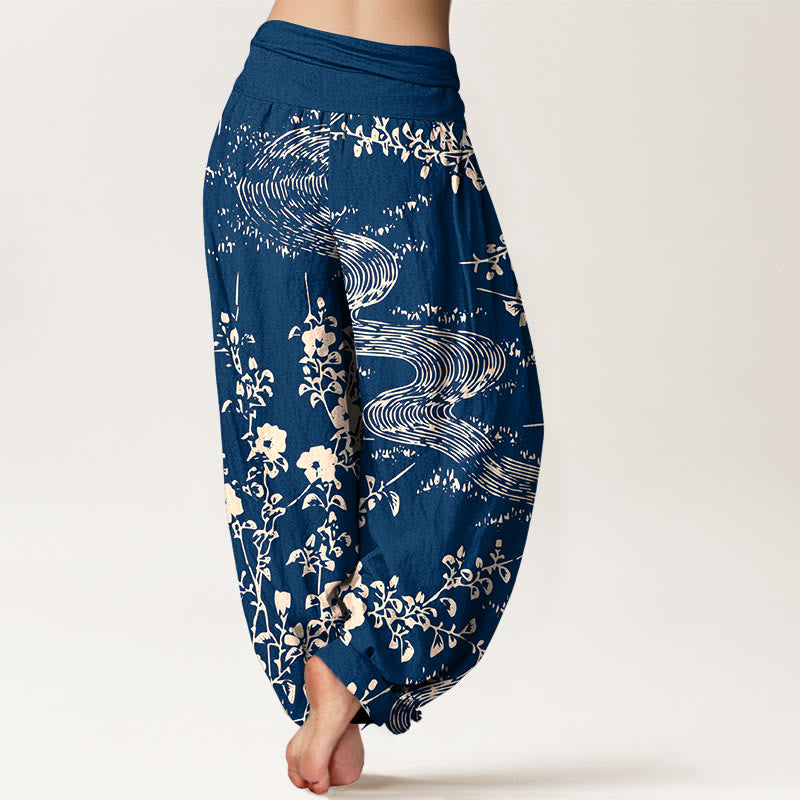 Pantalones bombachos de cintura elástica para mujer, de algodón puro con estampado floral sencillo de Buddha Stones. - image 1