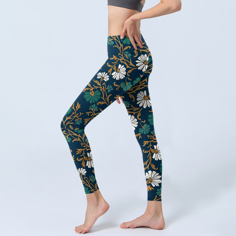 Leggings de gimnasio para mujer con estampado de flores y enredaderas de estilo retro pastoral con Buddha Stones. Pantalones de yoga. - image 2