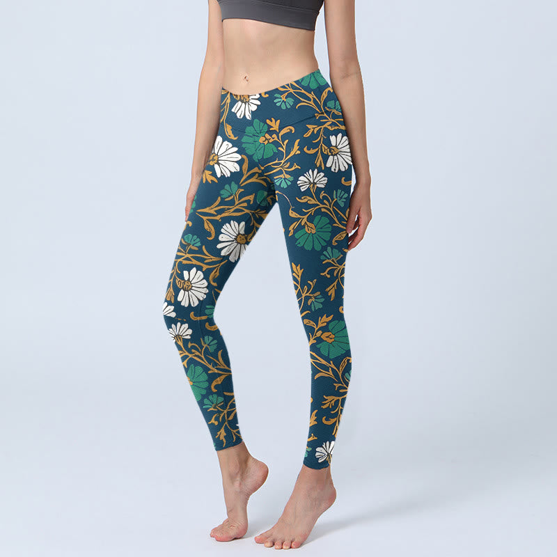 Leggings de gimnasio para mujer con estampado de flores y enredaderas de estilo retro pastoral con Buddha Stones. Pantalones de yoga. - Marina de guerra - US18，UK/AU22，EU50 (4XL) - image 0