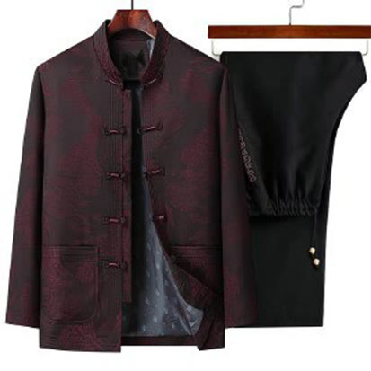 Conjunto de ropa de algodón para hombre Buddha Stones 2Pcs Commute Tang Suit Frog-Button, camisa de manga larga y pantalón. - Rojo oscuro - US/UK/AU44, EU54 (4XL) - image 4